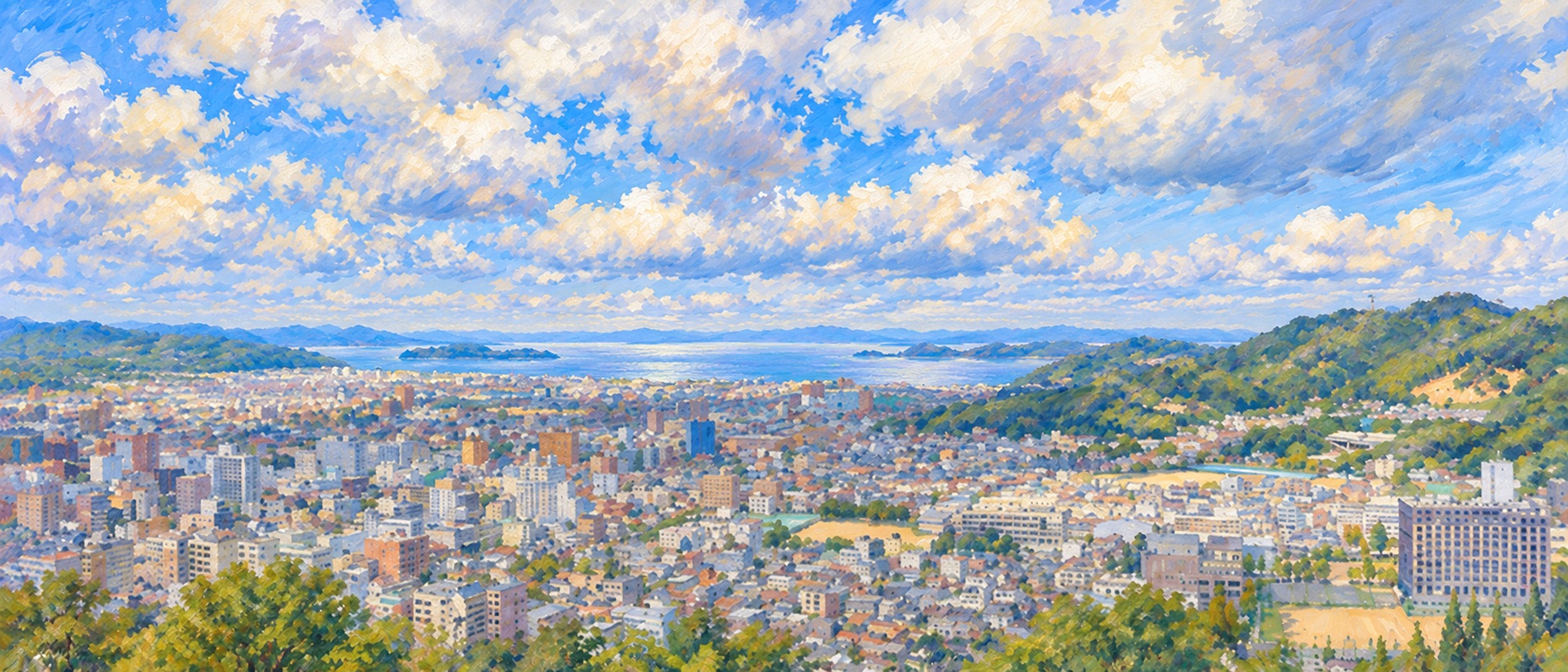 瀬戸内海に面した町並みを見下ろす絵