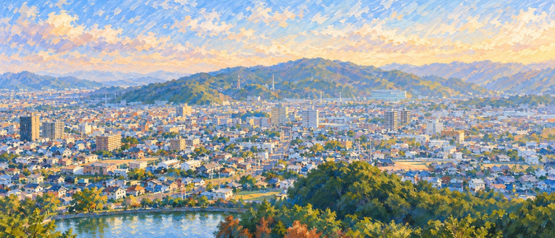 山並みと池に囲まれた新居浜の町並みの絵