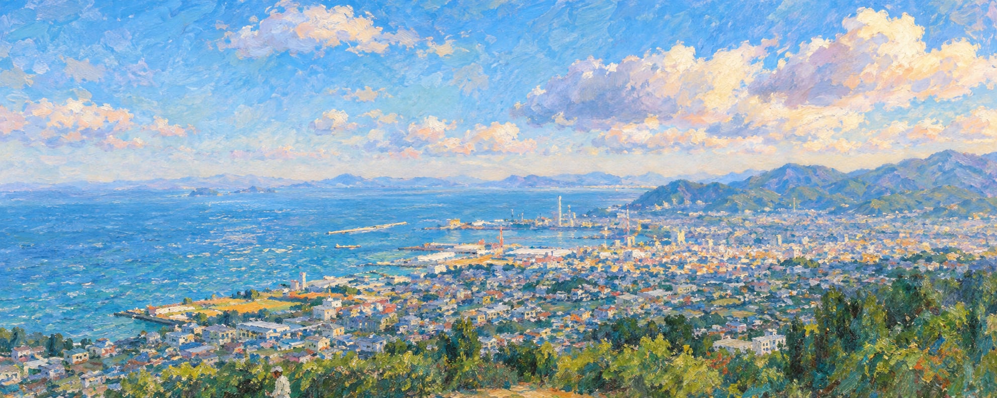 瀬戸内海と四国中央の町並みを見下ろす絵